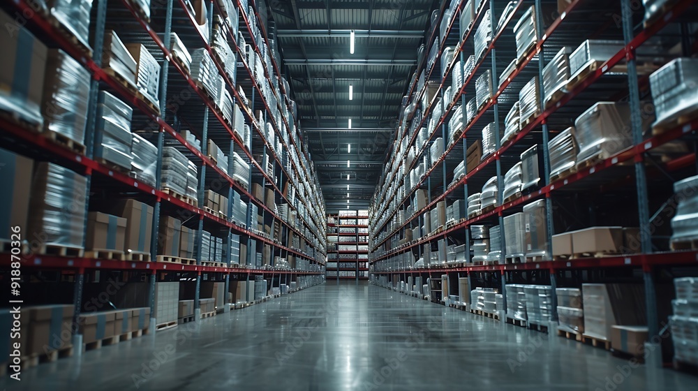Poster large storage warehouse there is a walkway in the middle between the shelves : generative ai