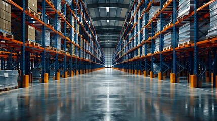 Fototapeta premium Interior of huge empty storehouse Industrial warehouse racking : Generative AI