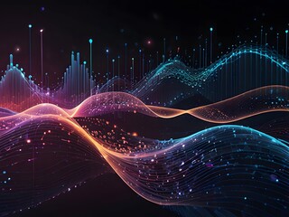 Cyber Big Data Flow: Blockchain Network Connections, AI Technology, Digital Communication, and Science Research in 3D Music Wave Form - Futuristic Data Visualization Illustration