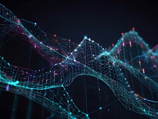 Cyber Big Data Flow: Blockchain Network Connections, AI Technology, Digital Communication, and Science Research in 3D Music Wave Form - Futuristic Data Visualization Illustration