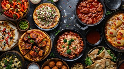 Many dishes Junk food assortiment  pizza wok top view : Generative AI