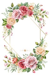 Ready to use Card. Watercolor invitation design with roses, leaves. flower and watercolor background. Floral elements, botanic watercolor illustration. Template for wedding frame