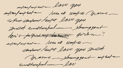 Antique hand written, hand drawn note or journal entry in cursive, unreadable, illegible, messy handwriting with areas crossed out, or parts scribbled out and censored. Seamless slogans pattern