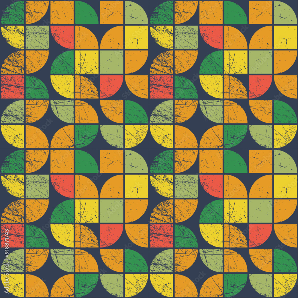 Fototapete Abstract shabby grunge pattern of geometric elements. Seamless color pattern of angular and round mosaic shapes.