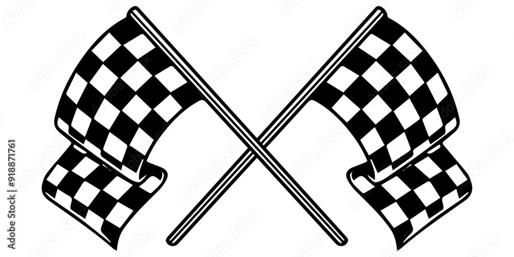 Poster crossed racing flags. black and white flags, stylish checkerboard curly flags.