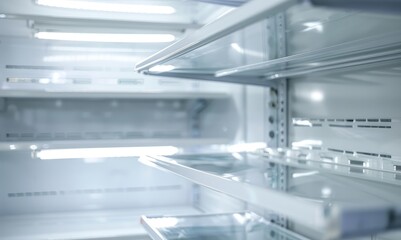 White refrigerator with empty shelves and closed doors