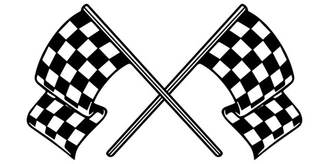 Crossed racing flags. Black and white flags, stylish checkerboard curly flags.