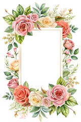 Ready to use Card. Watercolor invitation design with roses, leaves. flower and watercolor background. Floral elements, botanic watercolor illustration. Template for wedding frame