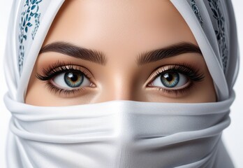 Fototapeta premium Portrait of a woman wearing a hijab against a white background, showcasing her elegant and modest attire