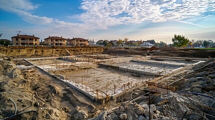 Construction site with concrete foundation and drainage system being installed for new building structure Ground excavation and site preparation are visible in the development project : Generative AI