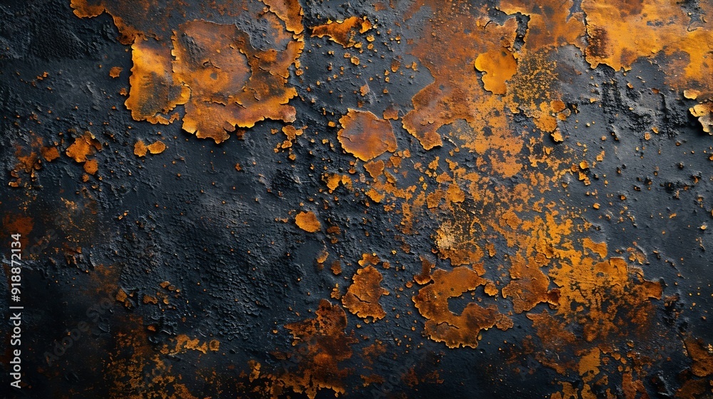 Aufkleber orange rust stains on weathered steel plate or top view yellow iron table and old brown metal wall f