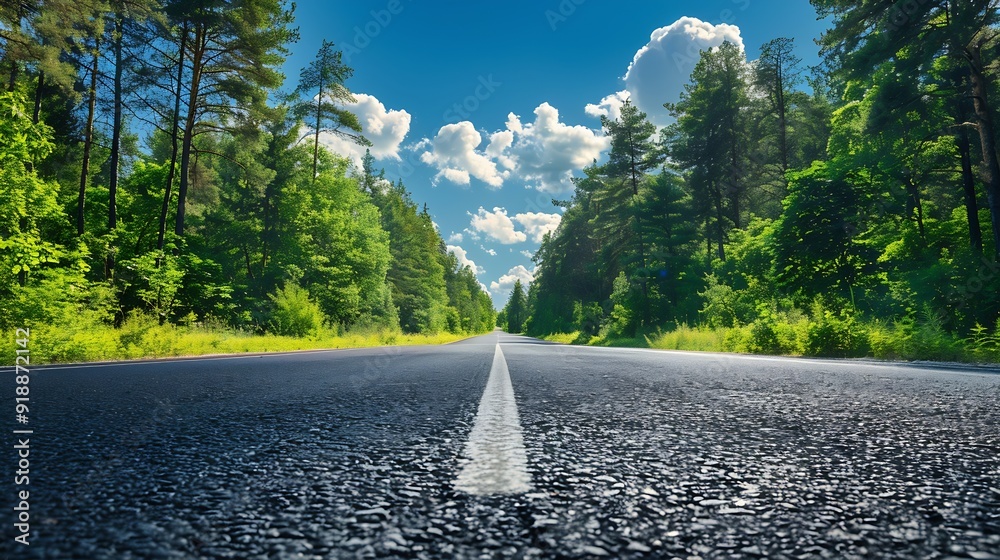 Poster empty square or road through green forest trees under blue sky and clouds : generative ai