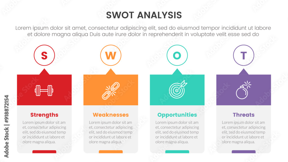 Poster swot analysis concept infographic template banner with timeline style creative box with outline circ
