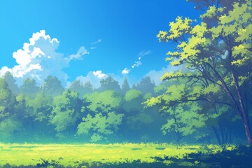 Anime style illustration of green forest and field under bright blue sky with fluffy white clouds