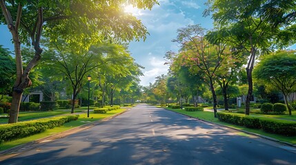 Empty street at the nice and comfortable garden background with nice blue sky : Generative AI
