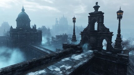 concept art of ancient cityscape with legendary architecture partially veiled in a thin layer of mist. 