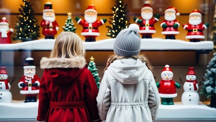 Two children look at a glass display case with Christmas presents.