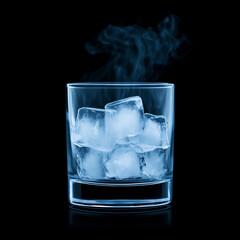 Glass of Ice Cubes Emitting Cold Vapor on Black Background