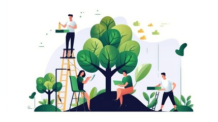 A group of people are working on a tree, with some sitting and others standing