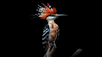 Close up of Hoopoe bird portrait on black background