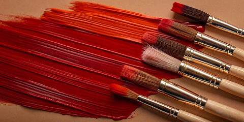 Obraz premium on a beige background red brush strokes of different sizes, paint brushes lie nearby