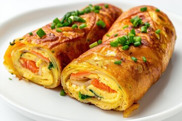 A rolled egg omelet with spring onion and carrot known as Gyeran Mari in Korean or Tamagoyaki in Japanese isolated on white background
