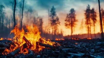 Forest fire burning with intense flames at sunset