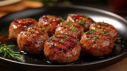 Delicious Grilled Meatballs with Fresh Herbs on a Plate - Juicy, perfectly grilled meatballs garnished with fresh herbs, served on a rustic plate. Ideal for food photography or menu design.