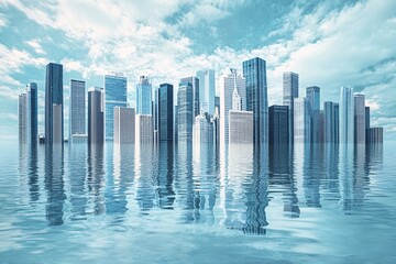Fototapeta premium With the city skyline almost entirely underwater and only the skyscrapers visible above, this image illustrates the effects