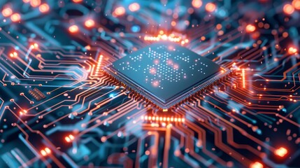 High-tech microchip on glowing circuit board