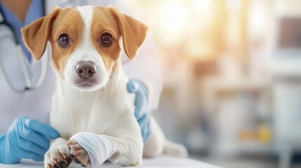 Injured dog with bandaged paw at vet