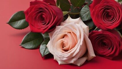 Naklejka premium close-up image of a bouquet of roses on a red background