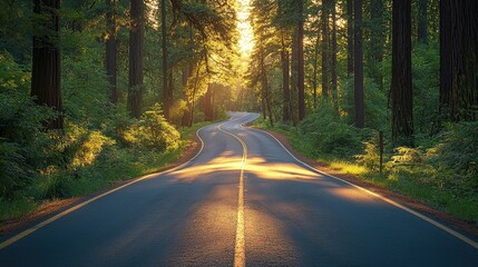 Obraz premium Sunlit redwood forest highway with a curved road sign and light streaming through the trees.
