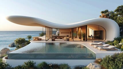 Fototapeta premium modern house on the beach, white colored roof and blue sky, futuristic design of a modern villa, swimming pool and sunbeds