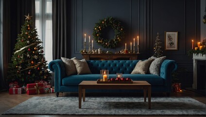 Obraz premium Comfortable sofa standing in middle of stylish room beautifully decorated for Christmas celebration