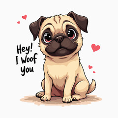 Naklejka premium Cute Pug Dog Vector Illustration Typography Saying Hey I Woof You, T-shirt design Pug Lovers Posters