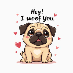 Cute Pug Dog Vector Illustration Typography Saying Hey I Woof You, T-shirt design Pug Lovers Posters