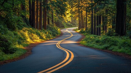 Sunlit redwood forest highway with a curved road sign and light streaming through the trees.