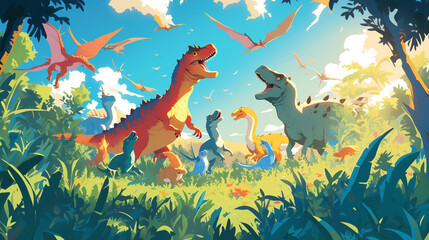 A playful group of baby dinosaurs of different species playing together in a prehistoric meadow, kids animal cartoon wallpaper