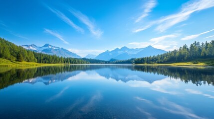 Mountain Lake with Forest and Clear Sky Reflection