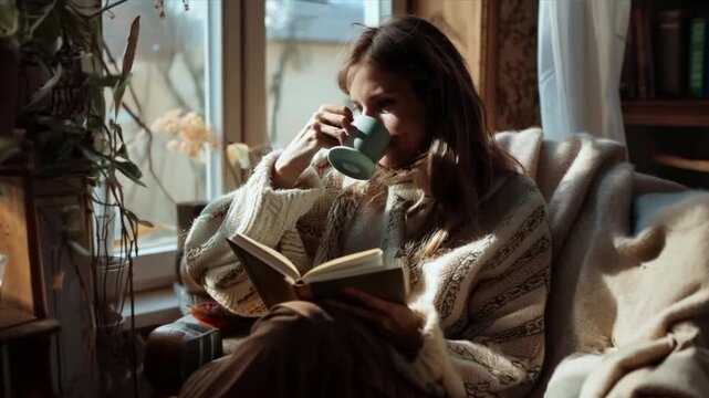 Woman sipping herbal tea while reading a book in a peaceful corner of her home, prioritizing self-care.