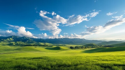 Fototapeta premium Vast green landscape with mountains under blue sky