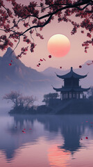 Serene Oriental Landscape at Sunset
