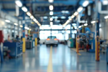 Obraz premium Blurry car repair shop interior background