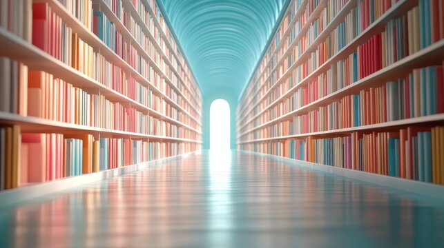 Brightly lit library corridor with colorful books