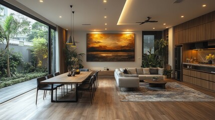 Fototapeta premium Modern dining room with artistic wall decor.