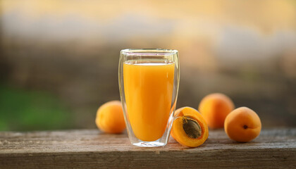 Glass of fresh summer apricot juice on wooden table. Organic and healthy drink. Tasty beverage.
