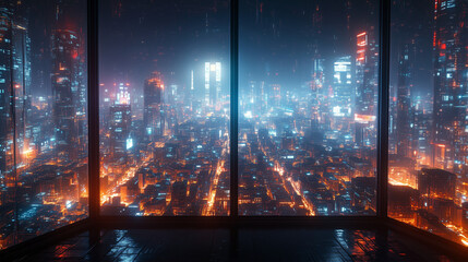 Futuristic Cityscape at Night Viewed from a Window