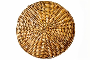 Fototapeta premium Circular wicker straw mat for napkin white background top view