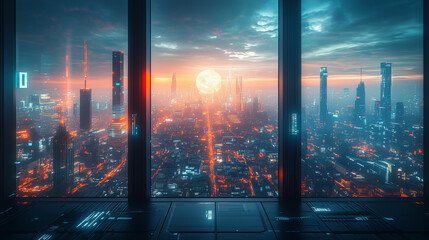 Futuristic Cityscape at Night Viewed from a Window